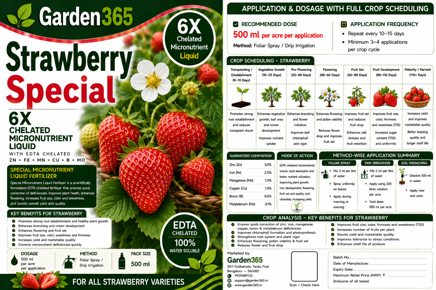 Strawberry Special – 6X Chelated Micronutrient Liquid with EDTA Chelated Zn + Fe + Mn + Cu + B + Mo for Healthy Plant Growth, Better Flowering, Improved Fruit Size, Sweetness & Higher Yield