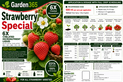 Strawberry Special – 6X Chelated Micronutrient Liquid with EDTA Chelated Zn + Fe + Mn + Cu + B + Mo for Healthy Plant Growth, Better Flowering, Improved Fruit Size, Sweetness & Higher Yield
