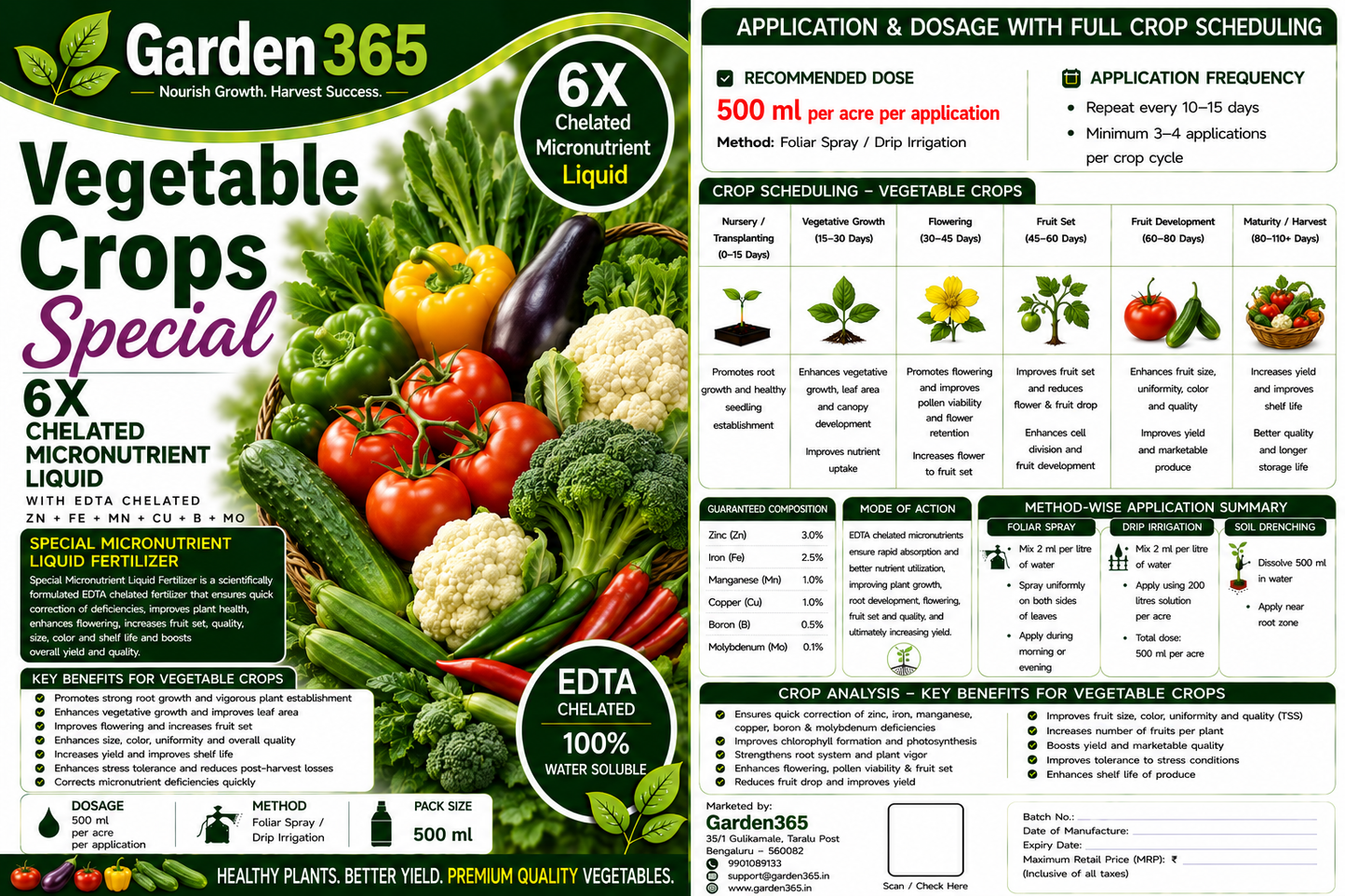 Vegetable Crops Special – 6X Chelated Micronutrient Liquid with EDTA Chelated Zn + Fe + Mn + Cu + B + Mo for Better Growth, Flowering, Fruit Set, Yield & Premium Quality Vegetables