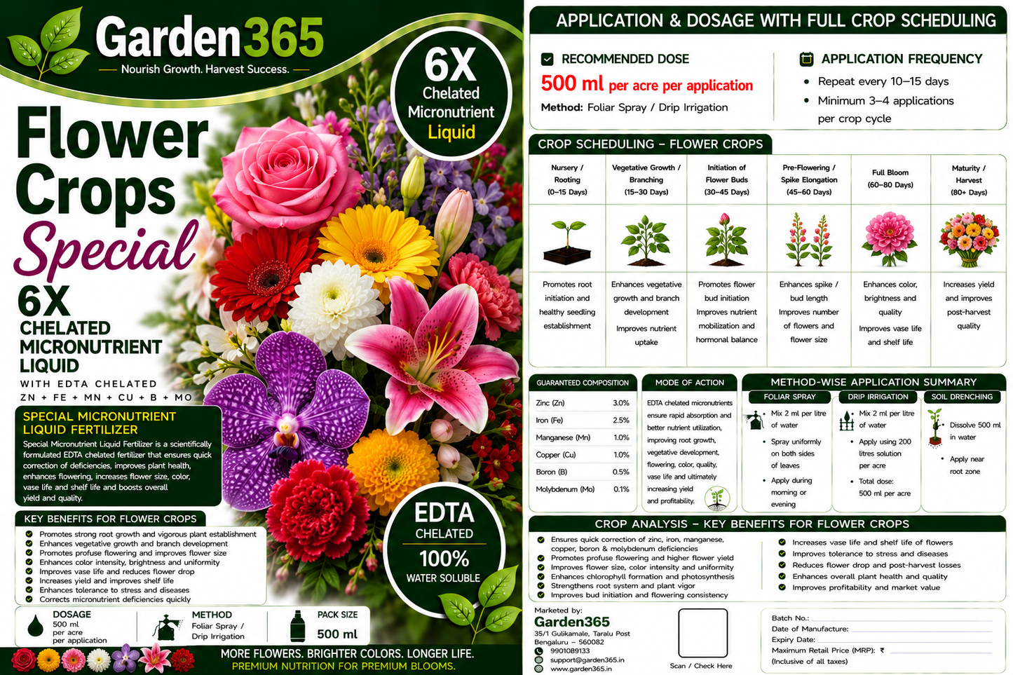 Flower Crops Special – 6X Chelated Micronutrient Liquid with EDTA Chelated Zn + Fe + Mn + Cu + B + Mo for Profuse Flowering, Bigger Blooms, Better Color & Higher Yield