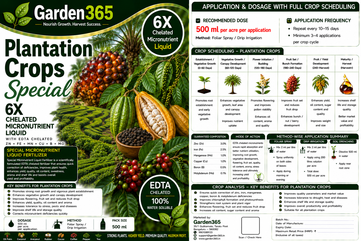 Plantation Crops Special – 6X Chelated Micronutrient Liquid with EDTA Chelated Zn + Fe + Mn + Cu + B + Mo for Better Growth, Flowering, Fruit Set, Yield & Premium Quality Plantation Crops