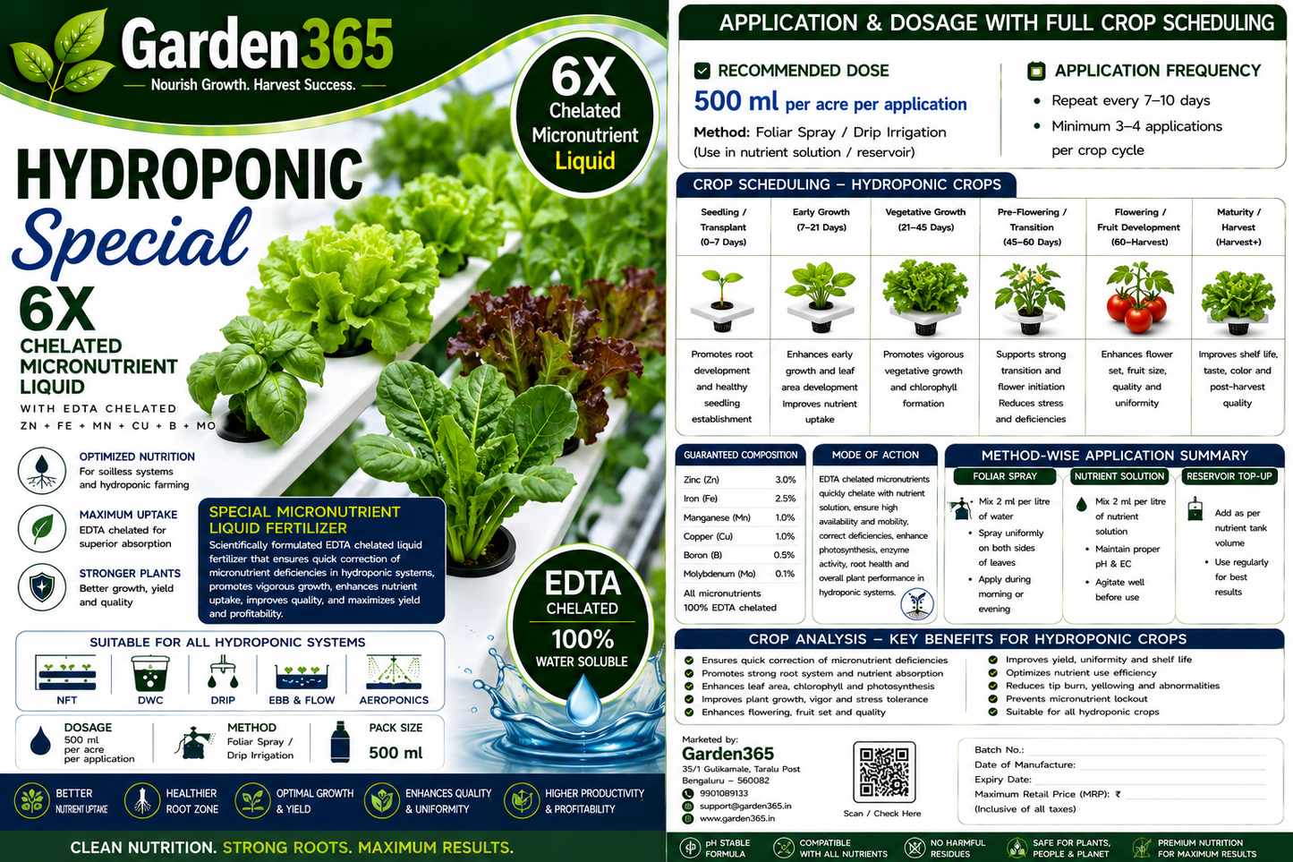 Hydroponic Special – 6X Chelated Micronutrient Liquid with EDTA Chelated Zn + Fe + Mn + Cu + B + Mo for Hydroponic Systems, Better Nutrient Uptake, Growth, Yield & Quality