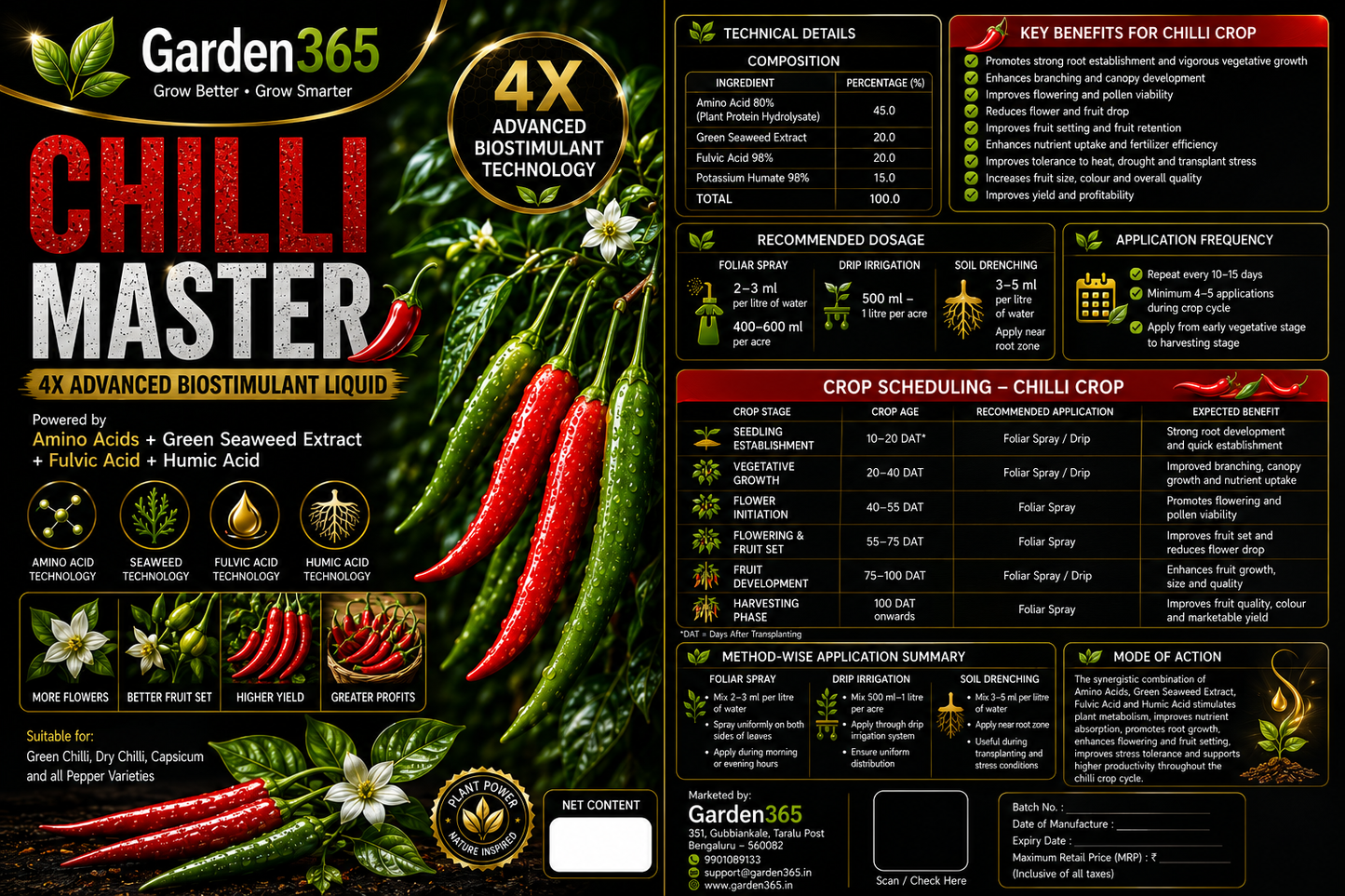 Chilli Master – 4X Advanced Biostimulant Liquid Powered by Amino Acids, Green Seaweed Extract, Fulvic Acid & Humic Acid for Chilli Growth, Flowering, Fruit Set, Yield & Quality