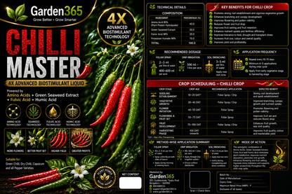 Chilli Master – 4X Advanced Biostimulant Liquid Powered by Amino Acids, Green Seaweed Extract, Fulvic Acid & Humic Acid for Chilli Growth, Flowering, Fruit Set, Yield & Quality