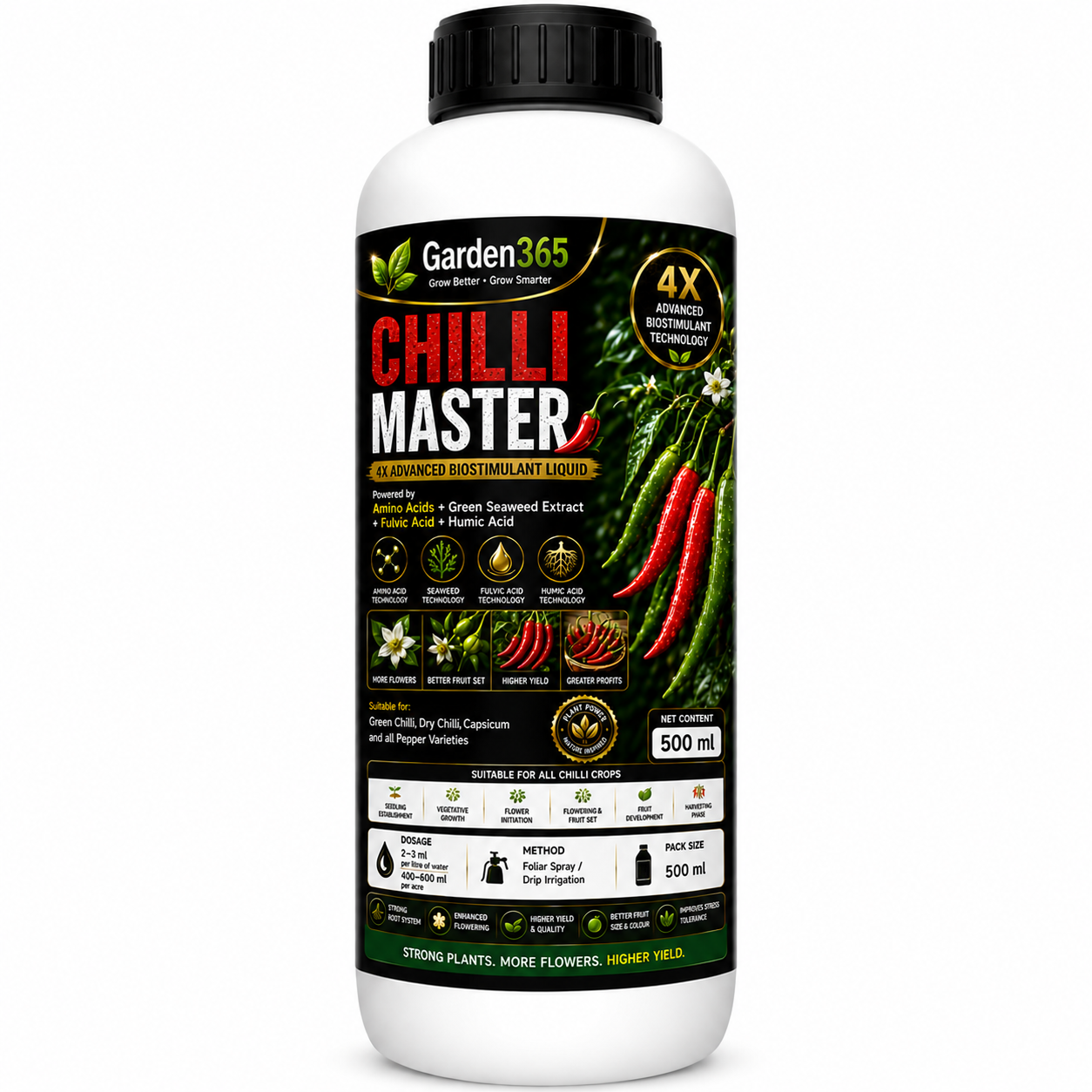Chilli Master – 4X Advanced Biostimulant Liquid Powered by Amino Acids, Green Seaweed Extract, Fulvic Acid & Humic Acid for Chilli Growth, Flowering, Fruit Set, Yield & Quality