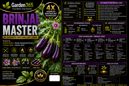 Brinjal Master – 4X Advanced Biostimulant Liquid Powered by Amino Acids, Green Seaweed Extract, Fulvic Acid & Humic Acid for Brinjal Growth, Flowering, Fruit Set, Yield & Quality