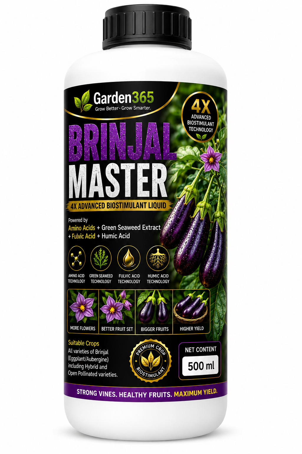 Brinjal Master – 4X Advanced Biostimulant Liquid Powered by Amino Acids, Green Seaweed Extract, Fulvic Acid & Humic Acid for Brinjal Growth, Flowering, Fruit Set, Yield & Quality