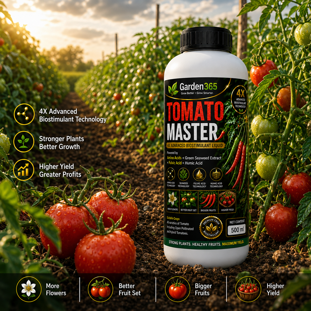 Tomato Master – 4X Advanced Biostimulant Liquid Powered by Amino Acids, Green Seaweed Extract, Fulvic Acid & Humic Acid for Tomato Growth, Flowering, Fruit Set, Yield & Quality
