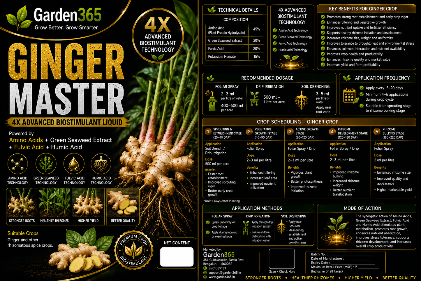 Ginger Master – 4X Advanced Biostimulant Liquid Powered by Amino Acids, Green Seaweed Extract, Fulvic Acid & Humic Acid for Ginger Growth, Rhizome Development, Yield & Quality