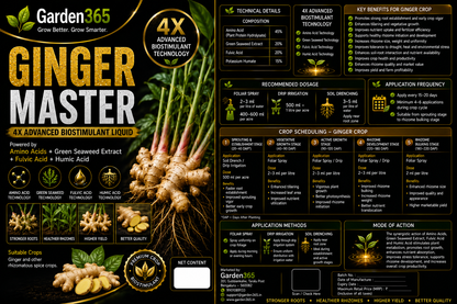 Ginger Master – 4X Advanced Biostimulant Liquid Powered by Amino Acids, Green Seaweed Extract, Fulvic Acid & Humic Acid for Ginger Growth, Rhizome Development, Yield & Quality