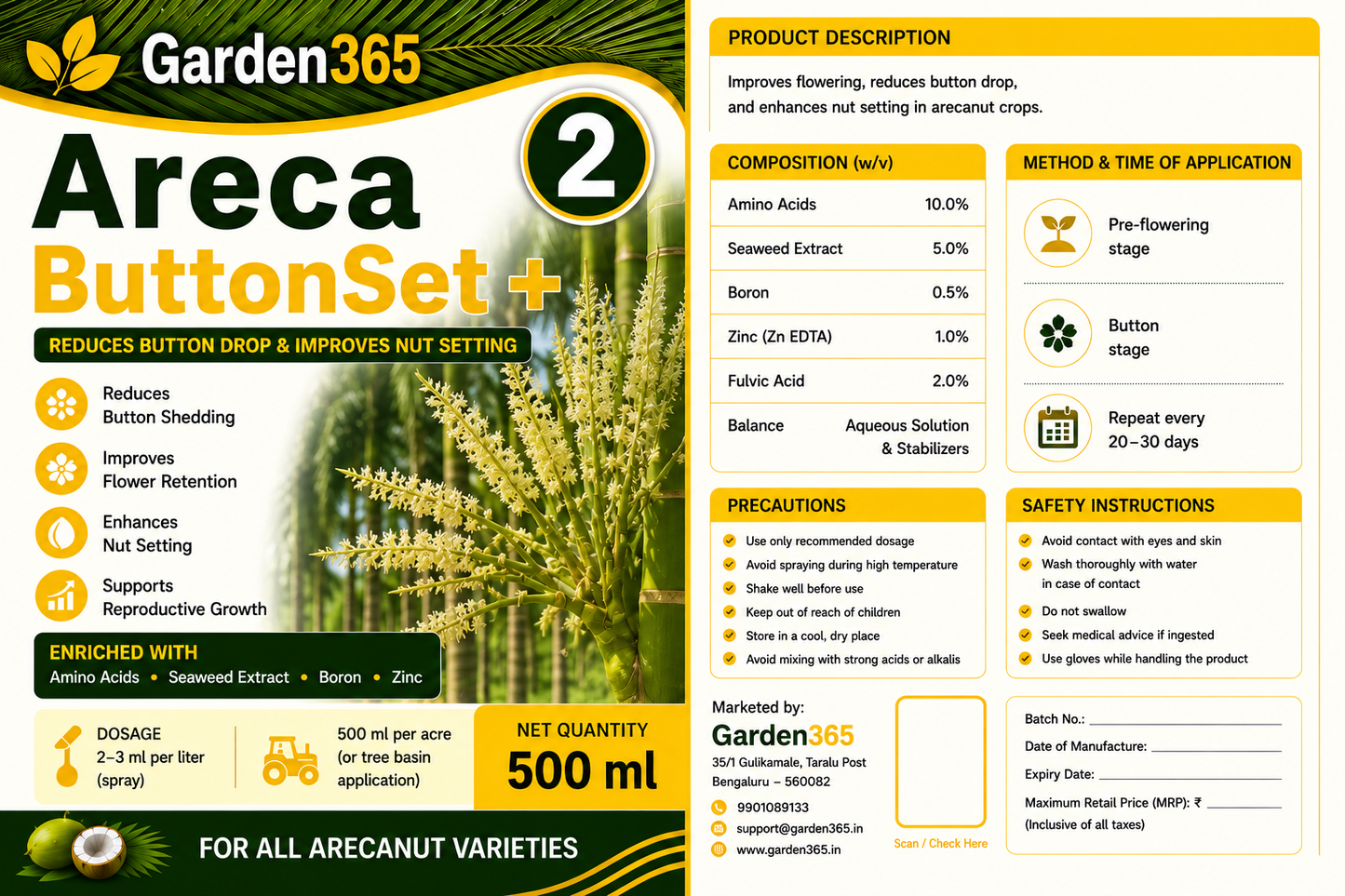 Arecanut Yield Booster Kit – Areca 1 LeafMax+ | Areca 2 ButtonSet+ | Areca 3 NutFill+ for Higher Yield, Nut Size & Quality