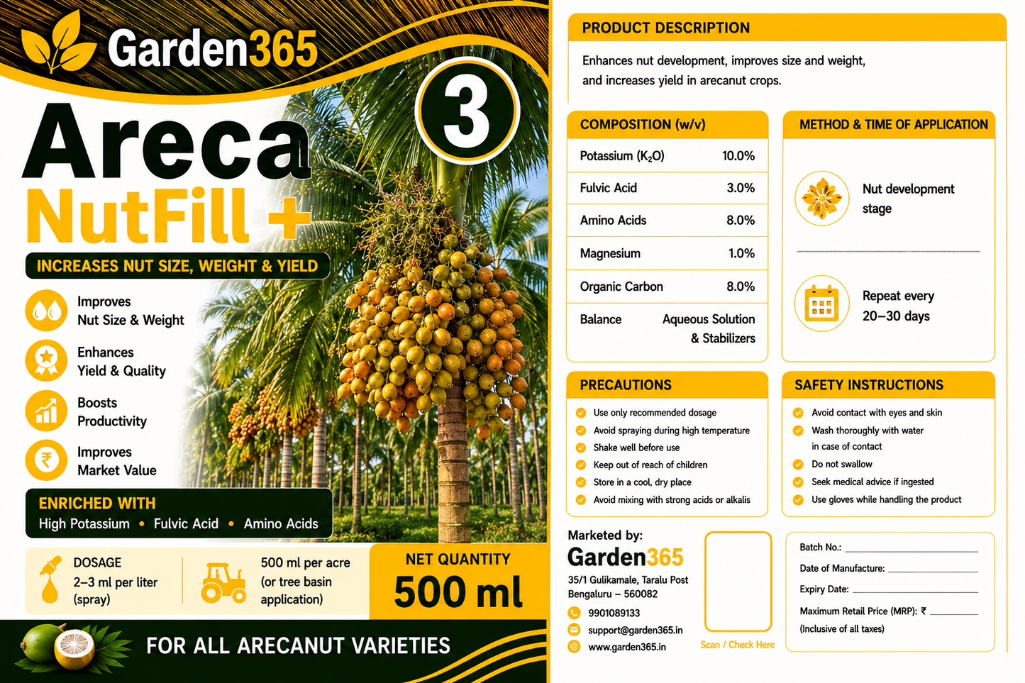 Arecanut Yield Booster Kit – Areca 1 LeafMax+ | Areca 2 ButtonSet+ | Areca 3 NutFill+ for Higher Yield, Nut Size & Quality