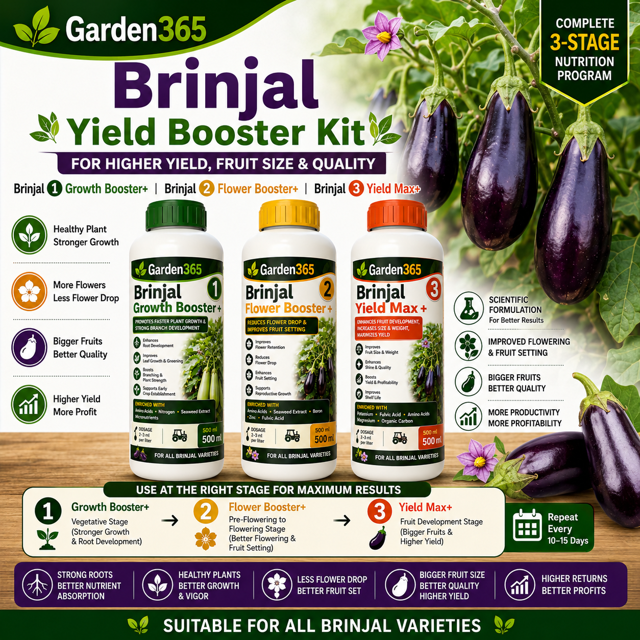 Brinjal Yield Booster Kit – Brinjal 1 Growth Booster+ | Brinjal 2 Flower Booster+ | Brinjal 3 Yield Max+ for Higher Yield, Fruit Size & Quality
