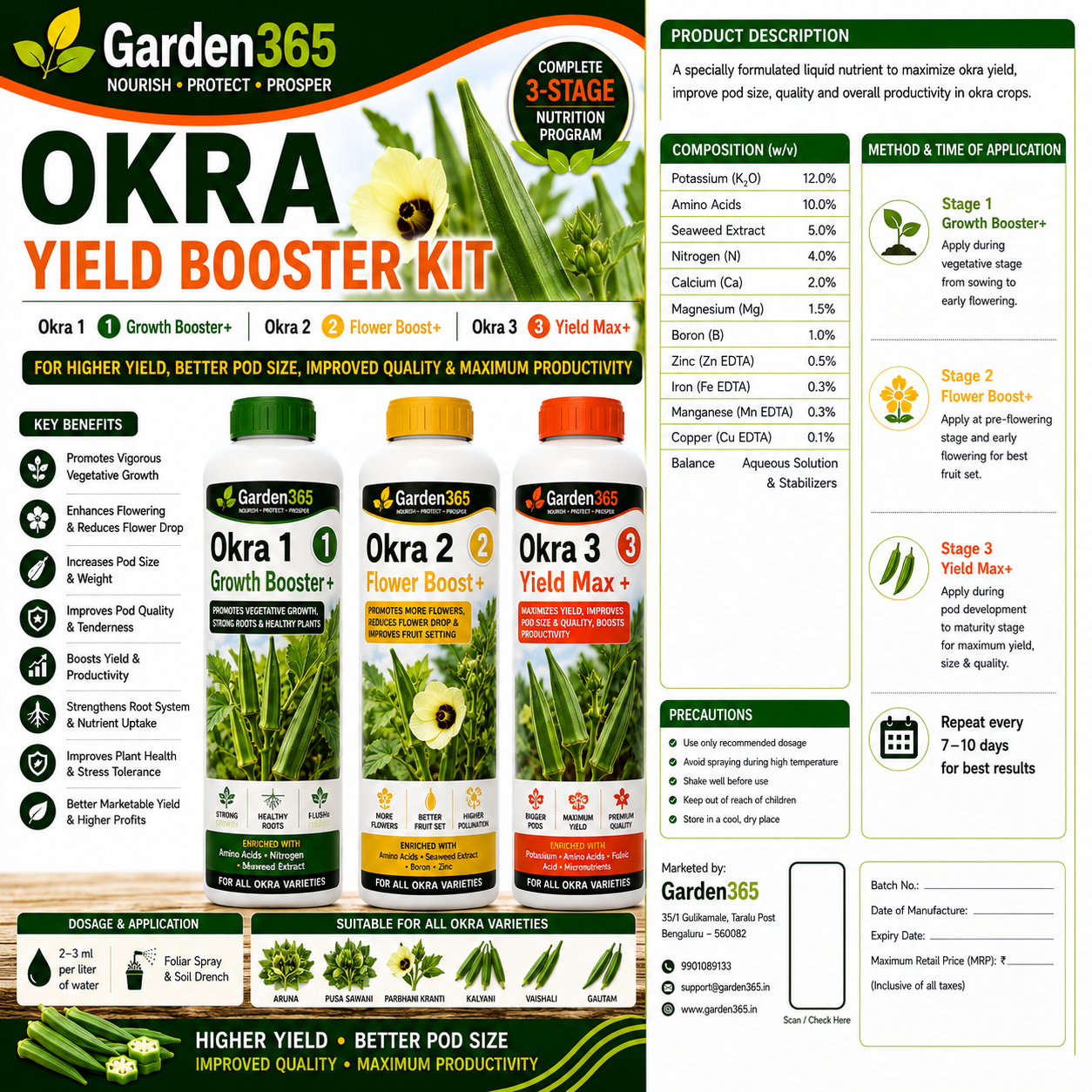 Okra Yield Booster Kit – Okra 1 Growth Booster+ | Okra 2 Flower Boost+ | Okra 3 Yield Max+ for Higher Yield, Better Pod Size, Improved Quality & Maximum Productivity
