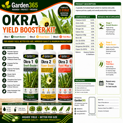 Okra Yield Booster Kit – Okra 1 Growth Booster+ | Okra 2 Flower Boost+ | Okra 3 Yield Max+ for Higher Yield, Better Pod Size, Improved Quality & Maximum Productivity