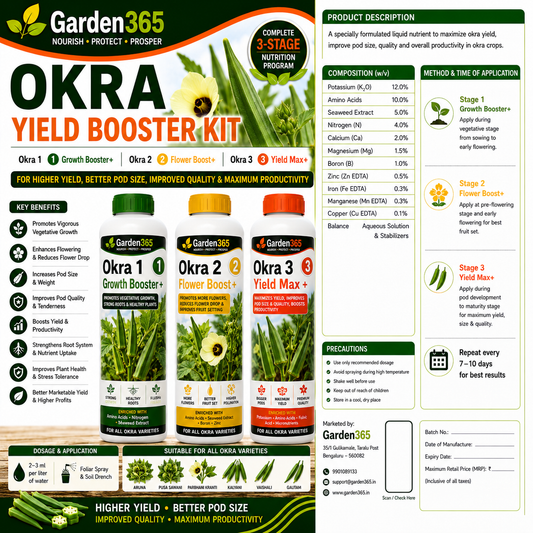Okra Yield Booster Kit – Okra 1 Growth Booster+ | Okra 2 Flower Boost+ | Okra 3 Yield Max+ for Higher Yield, Better Pod Size, Improved Quality & Maximum Productivity