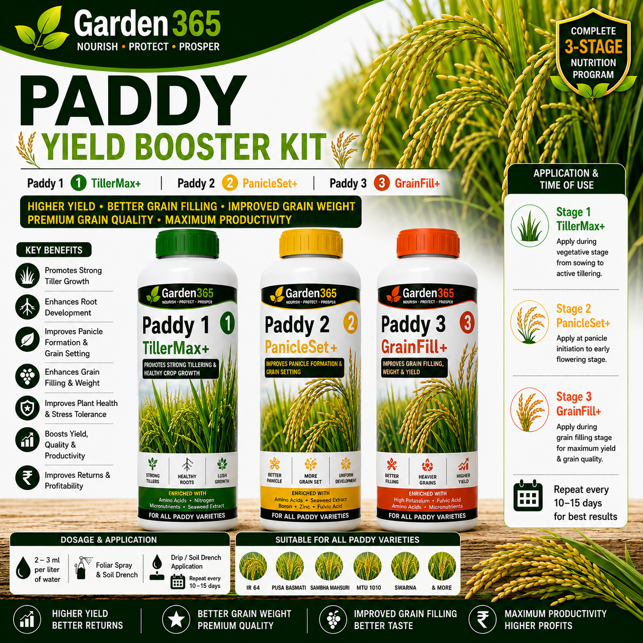 Paddy Yield Booster Kit – Paddy 1 TillerMax+ | Paddy 2 PanicleSet+ | Paddy 3 GrainFill+ for Higher Yield, Better Grain Filling, Improved Grain Weight & Maximum Productivity