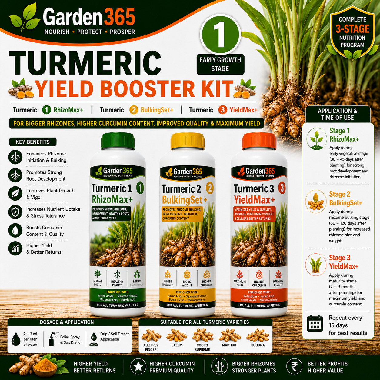 Turmeric Yield Booster Kit – Turmeric 1 RhizoMax+ | Turmeric 2 BulkingSet+ | Turmeric 3 Yield Max+ for Bigger Rhizomes, Higher Curcumin Content, Improved Quality & Maximum Yield