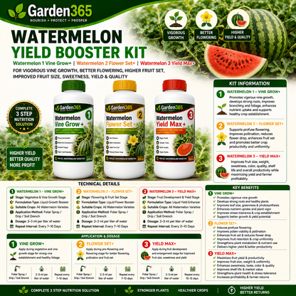 Watermelon Yield Booster Kit – Watermelon 1 Vine Grow+ | Watermelon 2 Flower Set+ | Watermelon 3 Yield Max+ for Vigorous Vine Growth, Better Flowering, Higher Fruit Set, Improved Fruit Size, Sweetness, Yield & Quality