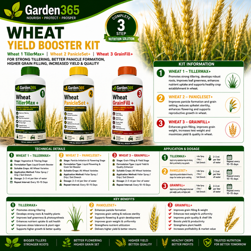 Wheat Yield Booster Kit – Wheat 1 TillerMax+ | Wheat 2 PanicleSet+ | Wheat 3 GrainFill+ for Strong Tillering, Better Panicle Formation, Improved Grain Filling, Higher Yield & Grain Quality