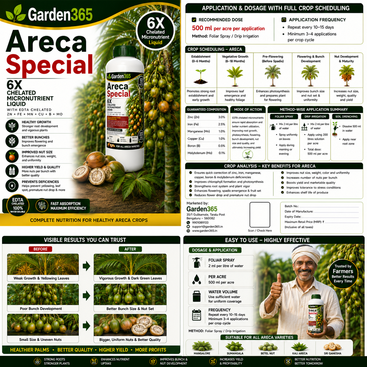 Areca Special – 6X Chelated Micronutrient Liquid with EDTA Chelated Zn + Fe + Mn + Cu + B + Mo for Healthy Growth, Better Bunch Development, Improved Nut Size, Higher Yield & Quality