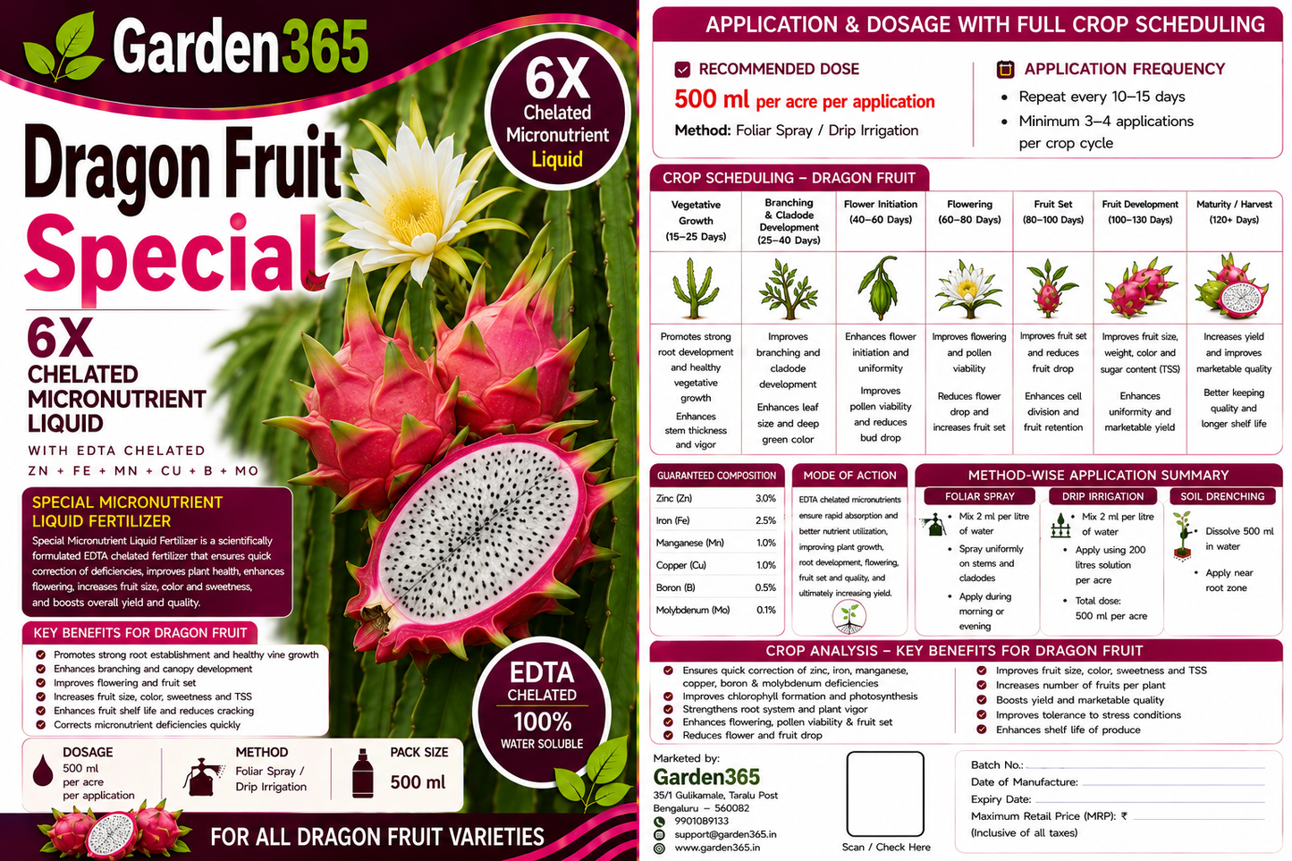 Dragon Fruit Special – 6X Chelated Micronutrient Liquid with EDTA Chelated Zn + Fe + Mn + Cu + B + Mo for Vigorous Cladode Growth, Better Flowering, Improved Fruit Set, Enhanced Fruit Size, Sweetness (TSS) & Higher Yield