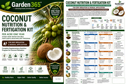 Coconut Nutrition & Fertigation Kit – Per Acre One Year Stage-Wise Water Soluble Fertilizer & Biostimulant Program for Drip Irrigation & Manual Application