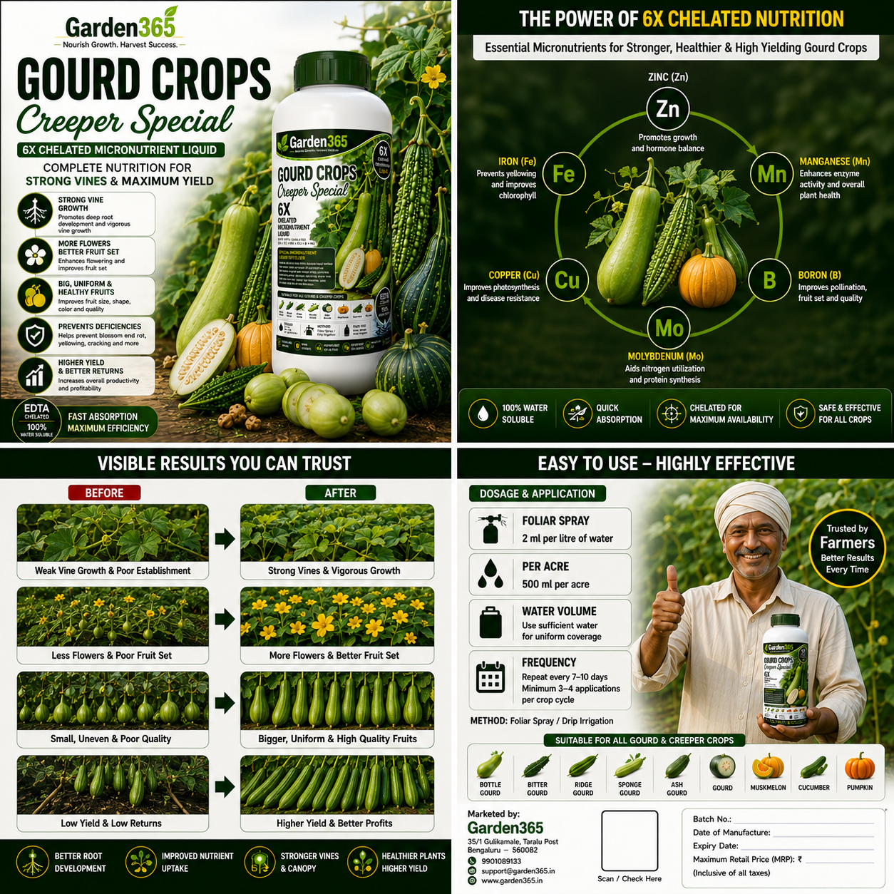 Gourd Crops Creeper Special – 6X Chelated Micronutrient Liquid with EDTA Chelated Zn + Fe + Mn + Cu + B + Mo for Vigorous Vine Growth, Better Flowering, Higher Fruit Set, Yield & Quality