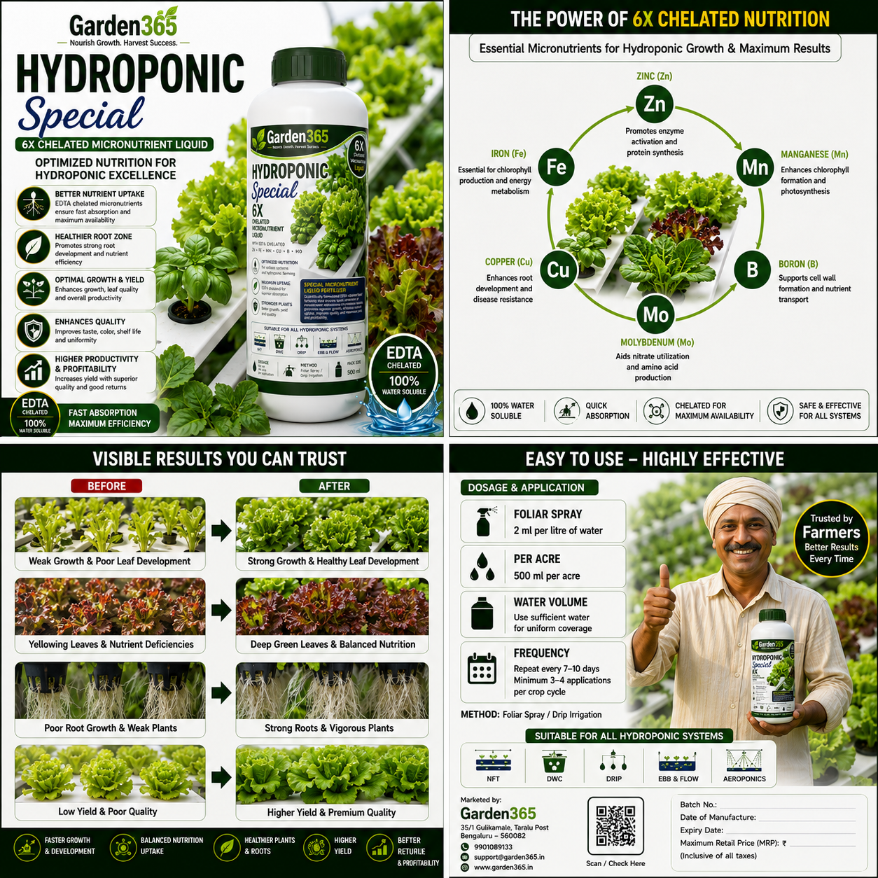 Hydroponic Special – 6X Chelated Micronutrient Liquid with EDTA Chelated Zn + Fe + Mn + Cu + B + Mo for Hydroponic Systems, Better Nutrient Uptake, Growth, Yield & Quality