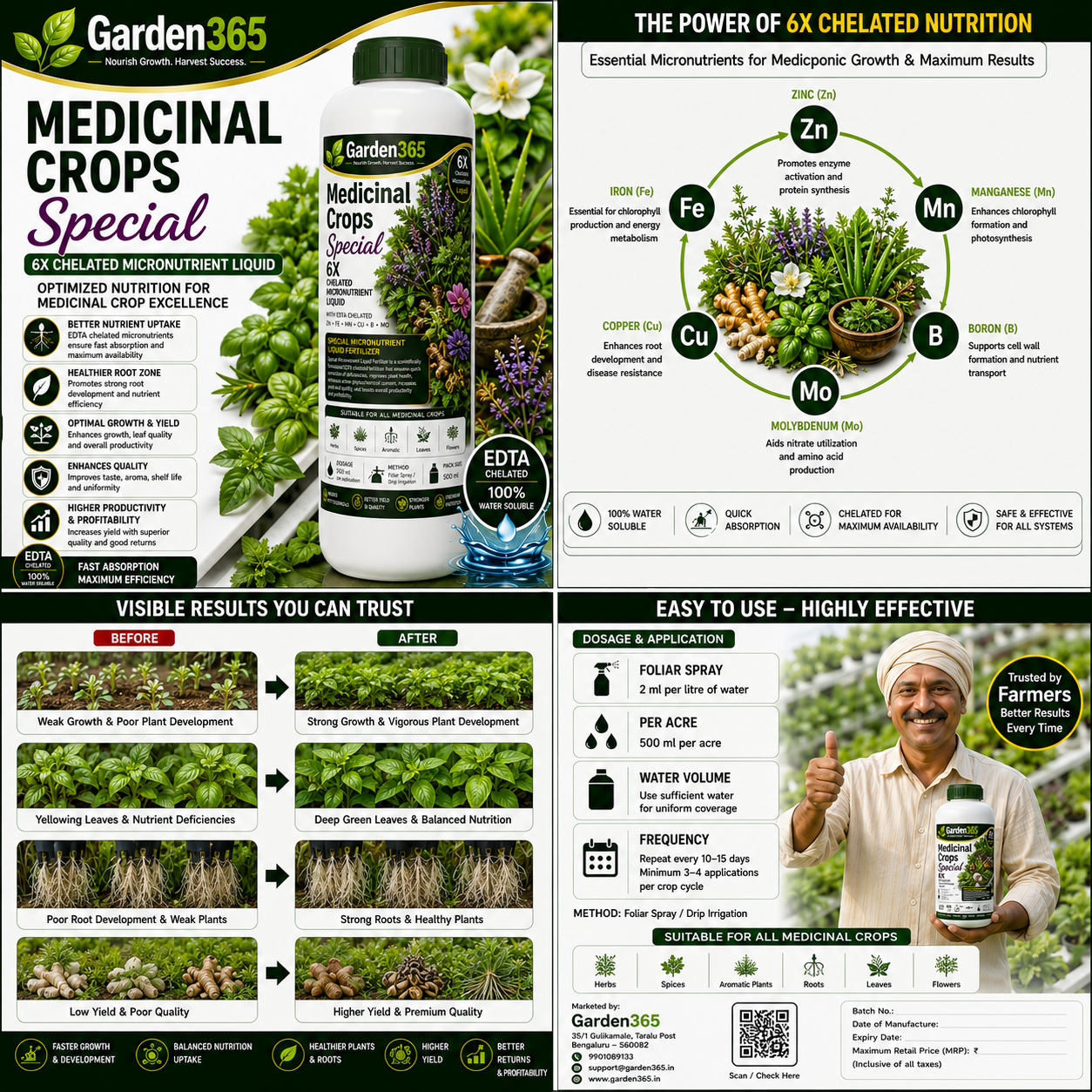 Medicinal Crops Special – 6X Chelated Micronutrient Liquid with EDTA Chelated Zn + Fe + Mn + Cu + B + Mo for Better Growth, Active Phytochemical Content, Biomass, Quality & Higher Yield