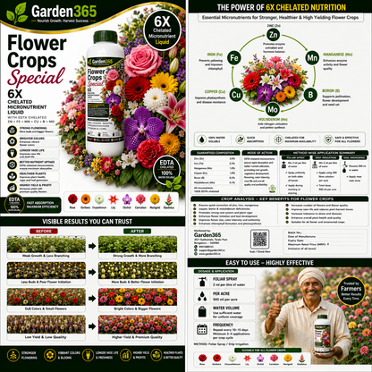 Flower Crops Special – 6X Chelated Micronutrient Liquid with EDTA Chelated Zn + Fe + Mn + Cu + B + Mo for Profuse Flowering, Bigger Blooms, Better Color & Higher Yield