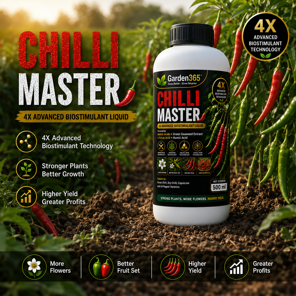 Chilli Master – 4X Advanced Biostimulant Liquid Powered by Amino Acids, Green Seaweed Extract, Fulvic Acid & Humic Acid for Chilli Growth, Flowering, Fruit Set, Yield & Quality
