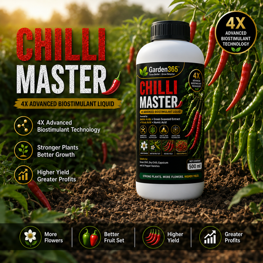 Chilli Master – 4X Advanced Biostimulant Liquid Powered by Amino Acids, Green Seaweed Extract, Fulvic Acid & Humic Acid for Chilli Growth, Flowering, Fruit Set, Yield & Quality