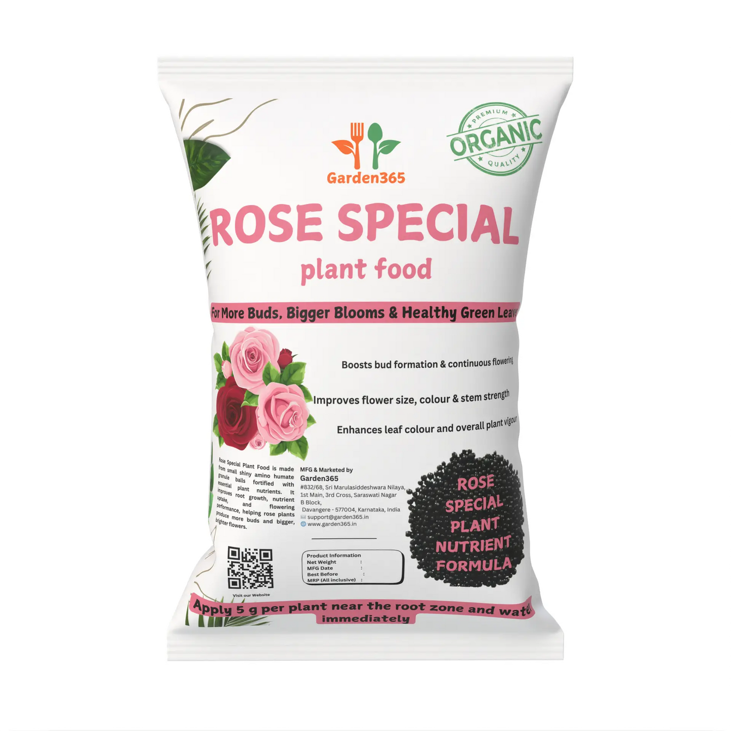 Rose Special Plant Food – Organic Flower Booster for More Buds, Bigger Blooms & Healthy Rose Plants (Apply Up to 100 Plants / Times) Garden365