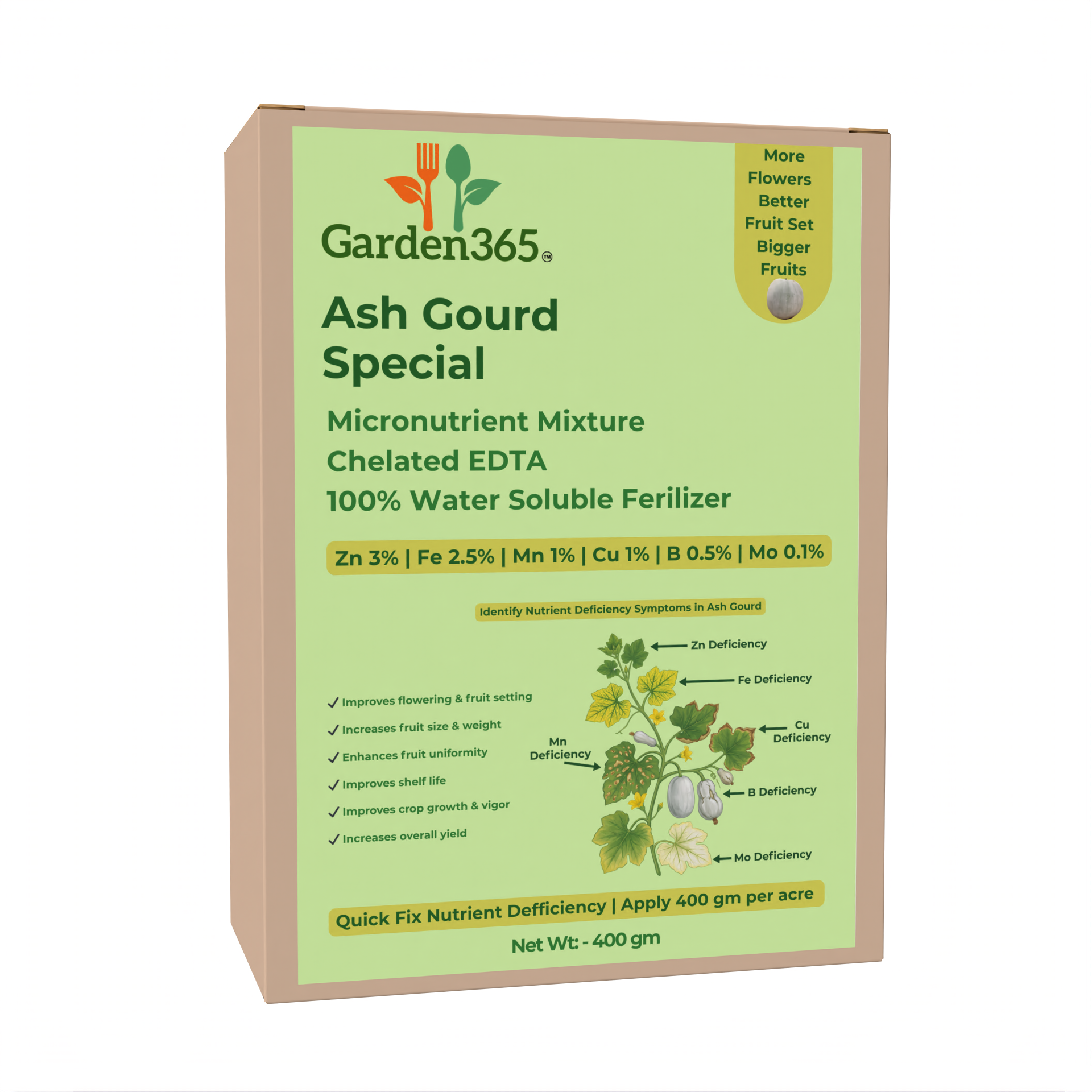 Ash Gourd Special Micronutrient Fertilizer  (पेटा | ಬೂದು ಕುಂಬಳಕಾಯಿ | బూడిద గుమ్మడికాయ | பூசணிக்காய் | കുമ്പളങ്ങ)  EDTA Chelated 100% Water Soluble Fertilizer – 400g per Acre