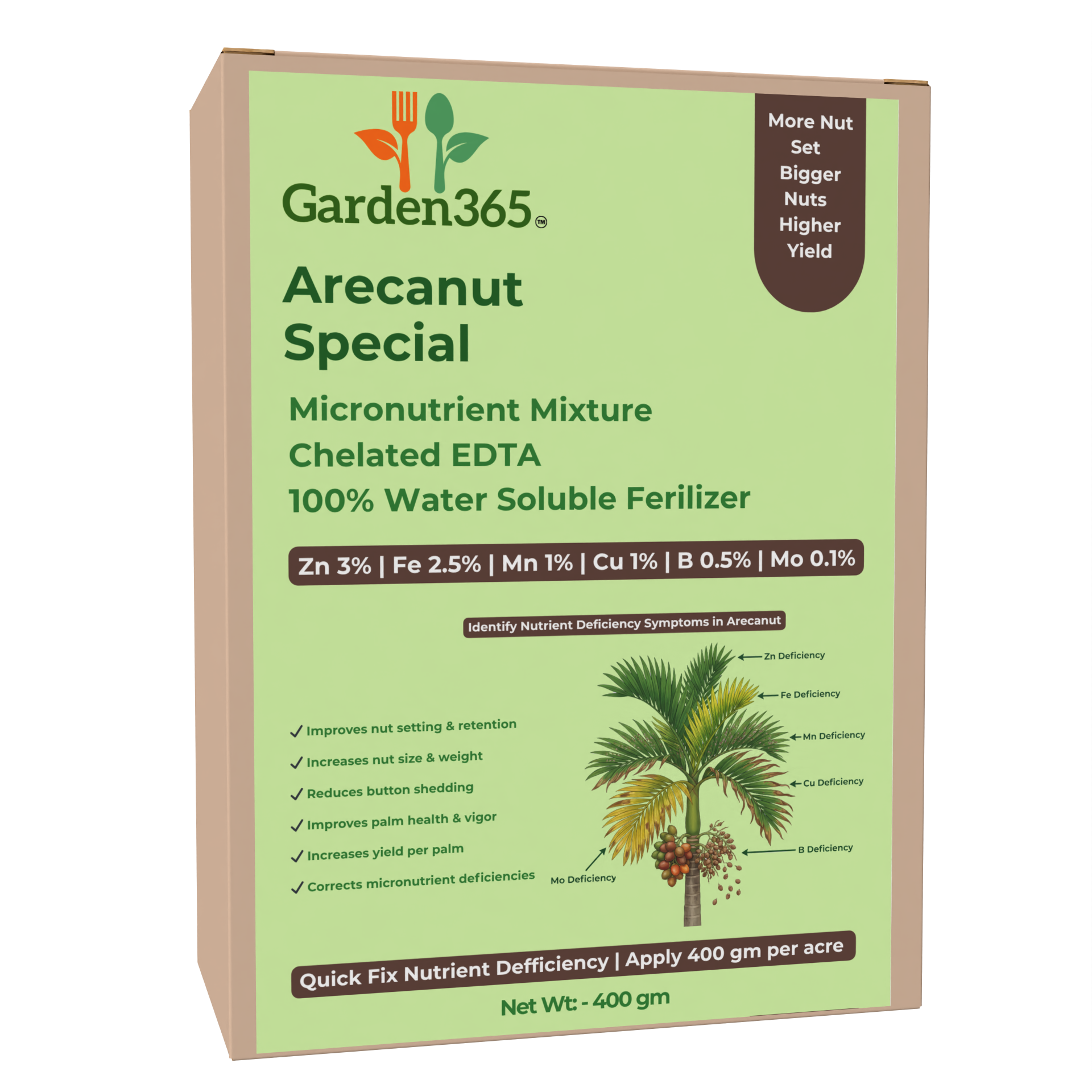 Arecanut Special Micronutrient Fertilizer  (सुपारी | ಅಡಿಕೆ | పొగాకు | பாக்கு | അടക്ക)  EDTA Chelated 100% Water Soluble Fertilizer – 400g per Acre