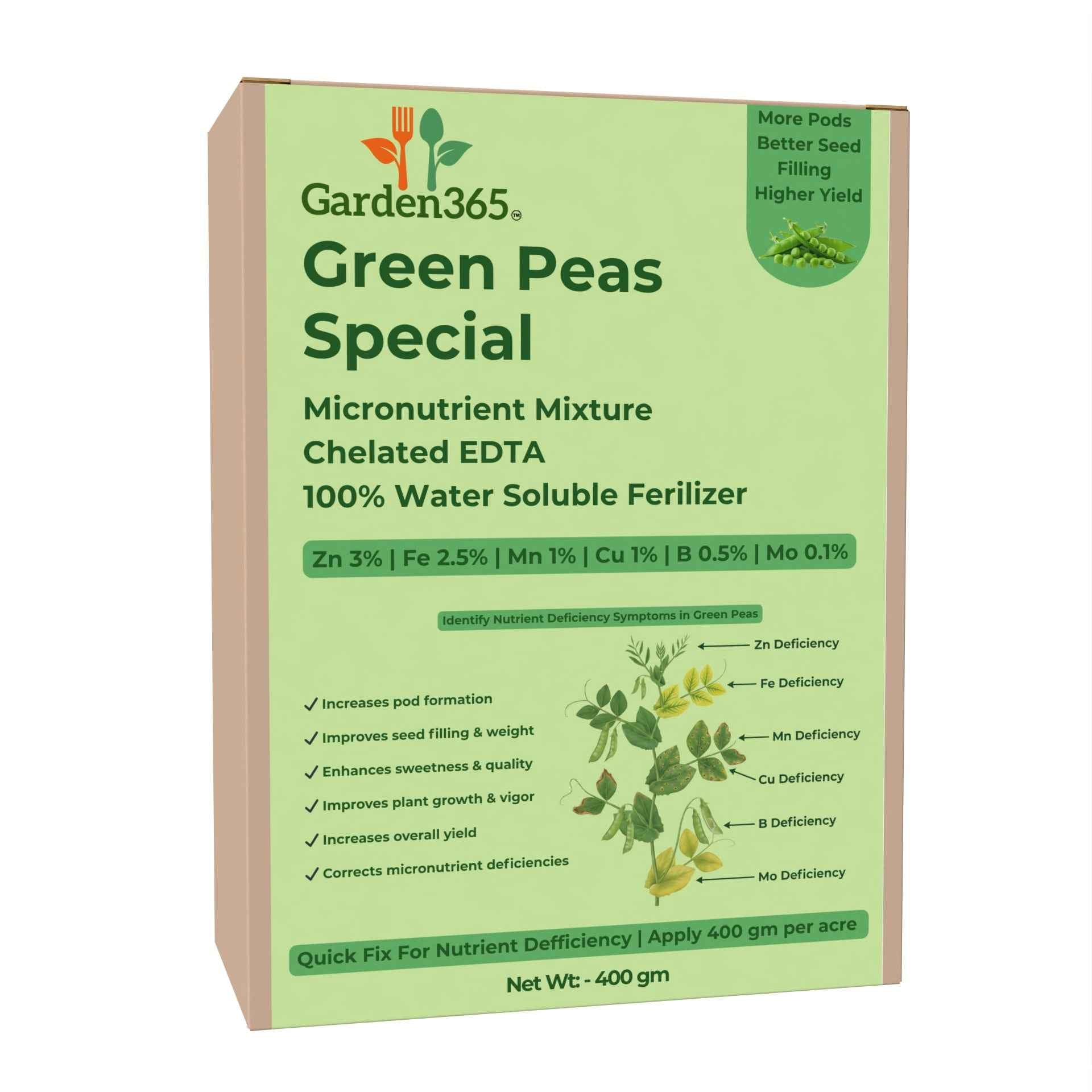Green Peas Special Micronutrient Fertilizer  (मटर | ಬಟಾಣಿ | బఠాణీ | பட்டாணி | പച്ചപ്പയർ)  EDTA Chelated 100% Water Soluble Fertilizer – 400g per Acre