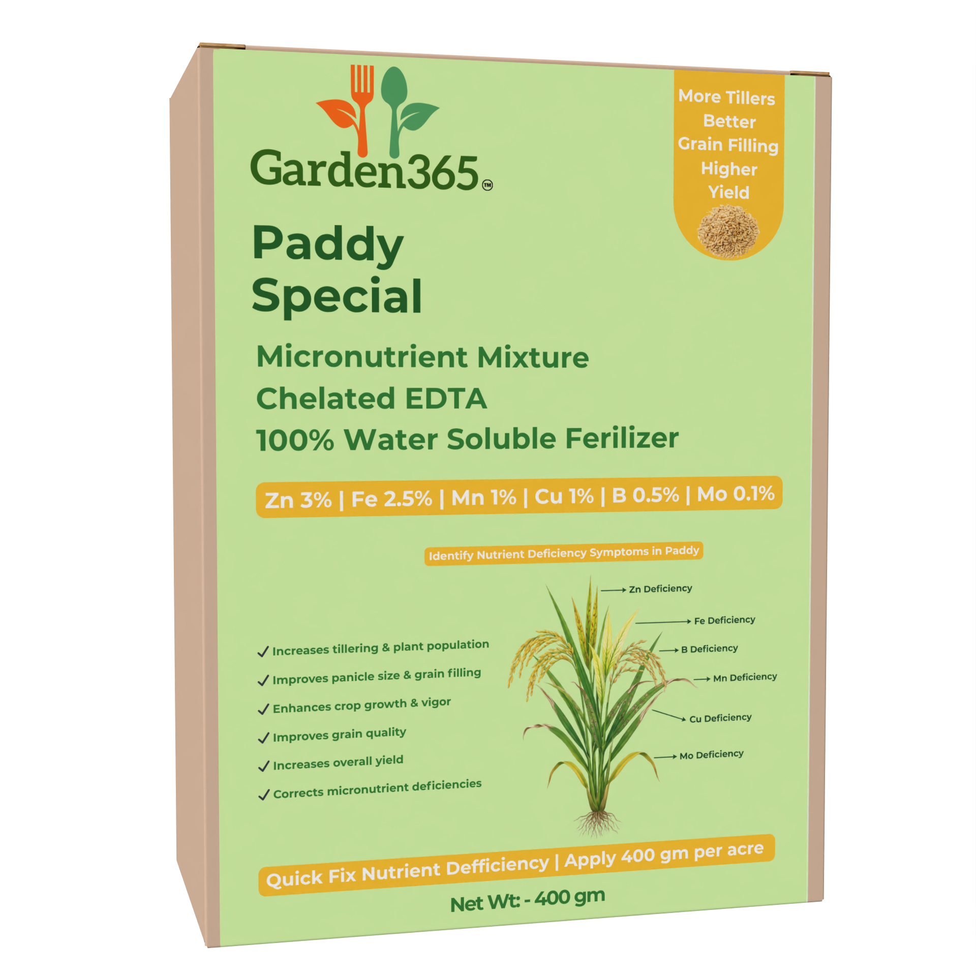Paddy Special Micronutrient Fertilizer  (धान | ಅಕ್ಕಿ | వరి | நெல் | നെല്)  EDTA Chelated 100% Water Soluble Fertilizer – 400g per Acre