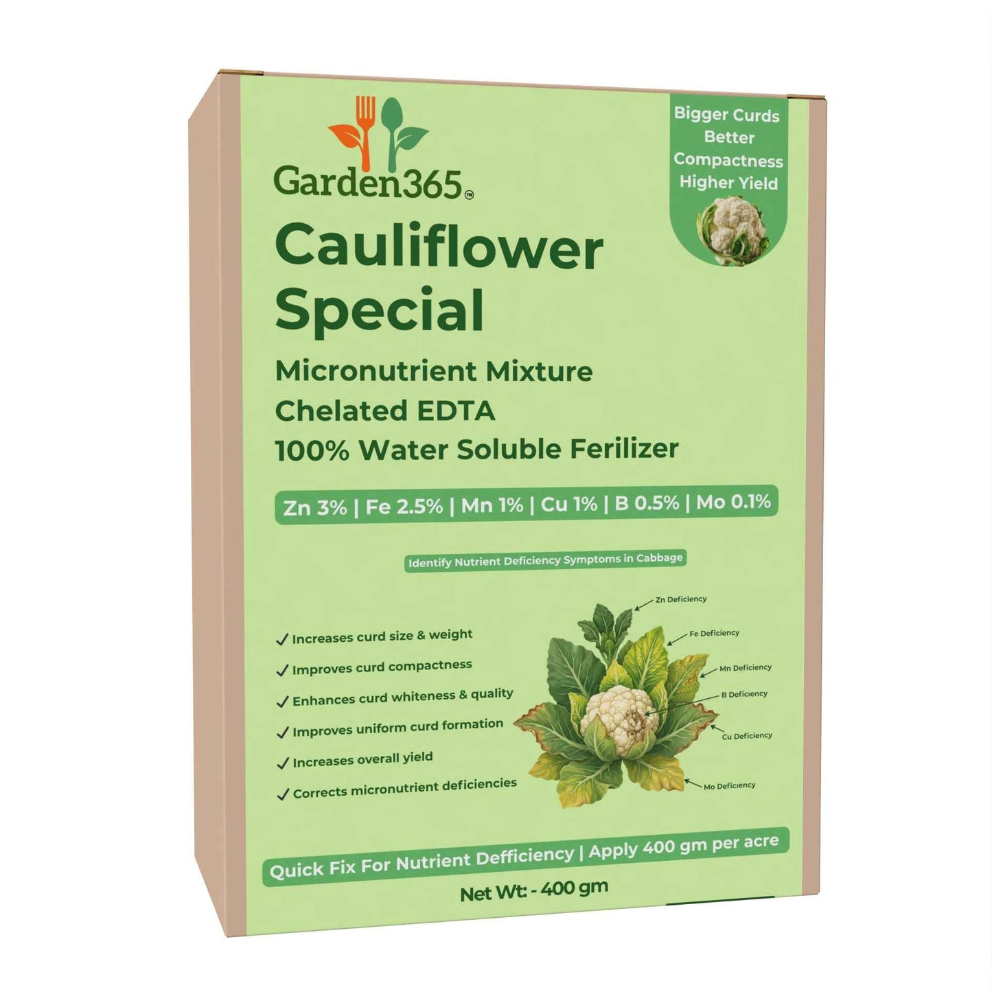 Cauliflower Special Micronutrient Fertilizer  (फूलगोभी | ಹೂಕೋಸು | కాలీఫ్లవర్ | காலிஃபிளவர் | കോളിഫ്ലവർ)  EDTA Chelated 100% Water Soluble Fertilizer – 400g per Acre