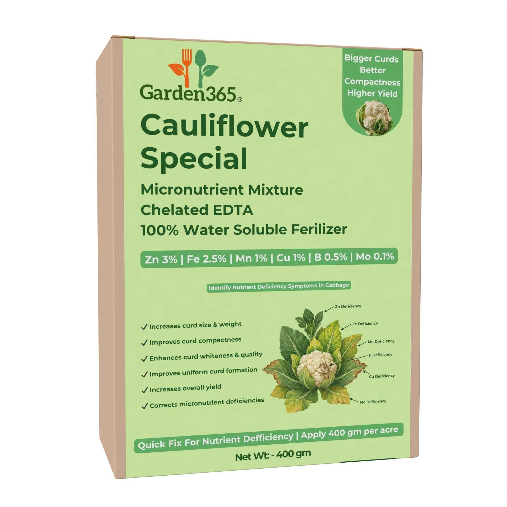 Cauliflower Special Micronutrient Fertilizer  (फूलगोभी | ಹೂಕೋಸು | కాలీఫ్లవర్ | காலிஃபிளவர் | കോളിഫ്ലവർ)  EDTA Chelated 100% Water Soluble Fertilizer – 400g per Acre