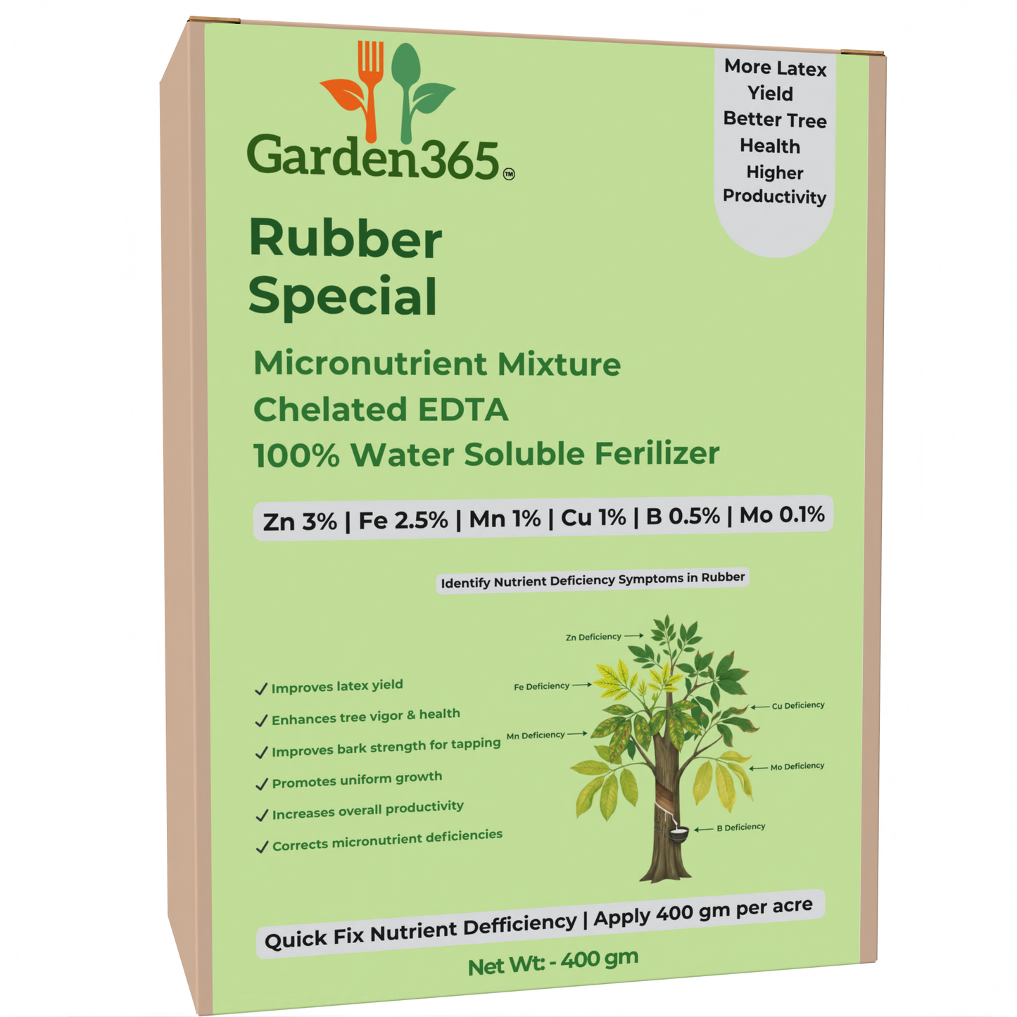 Rubber Special Micronutrient Fertilizer  (रबर | ರಬ್ಬರ್ | రబ్బరు | ரப்பர் | റബ്ബർ)  EDTA Chelated 100% Water Soluble Fertilizer – 400g per Acre
