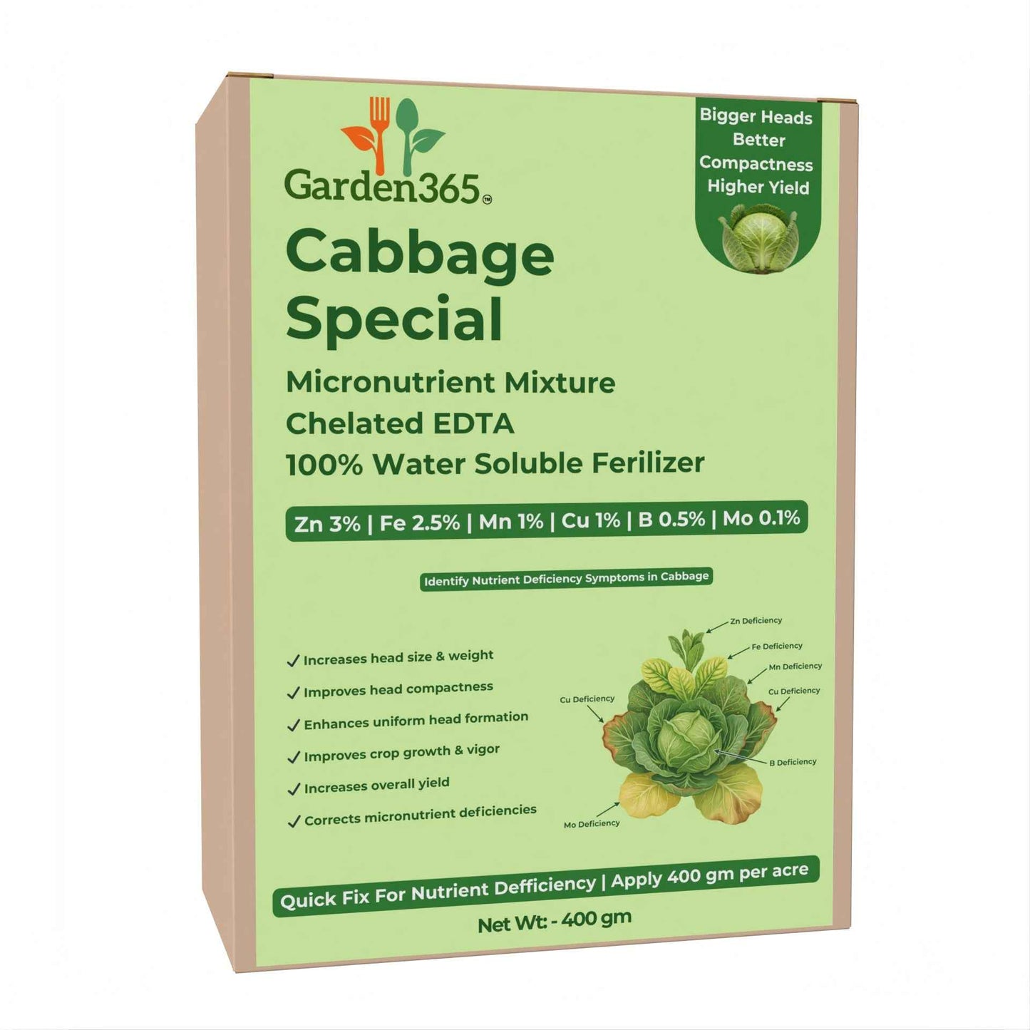 Cabbage Special Micronutrient Fertilizer  (पत्ता गोभी | ಎಲೆಕೋಸು | క్యాబేజీ | முட்டைக்கோஸ் | കാബേജ്)  EDTA Chelated 100% Water Soluble Fertilizer – 400g per Acre