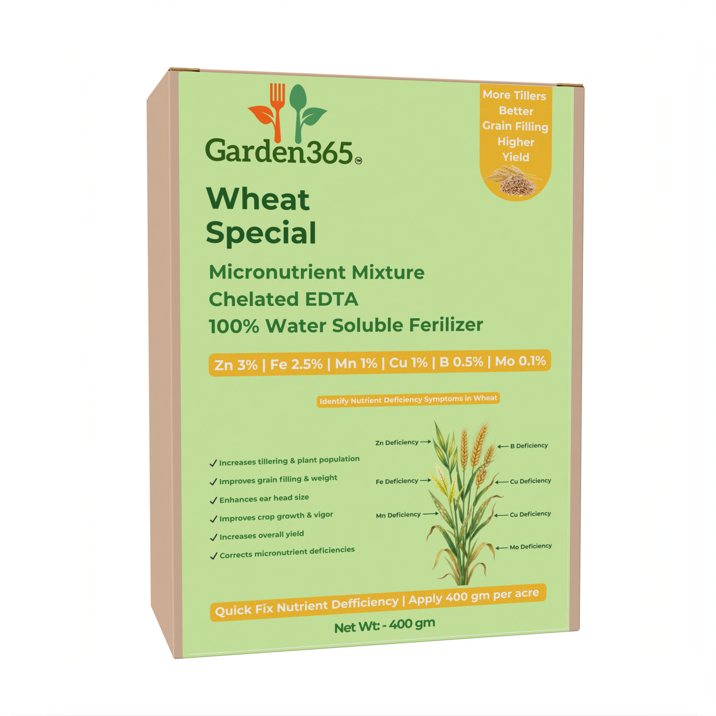 Wheat Special Micronutrient Fertilizer  (गेहूं | ಗೋಧಿ | గోధుమ | கோதுமை | ഗോതമ്പ്)  EDTA Chelated 100% Water Soluble Fertilizer – 400g per Acre