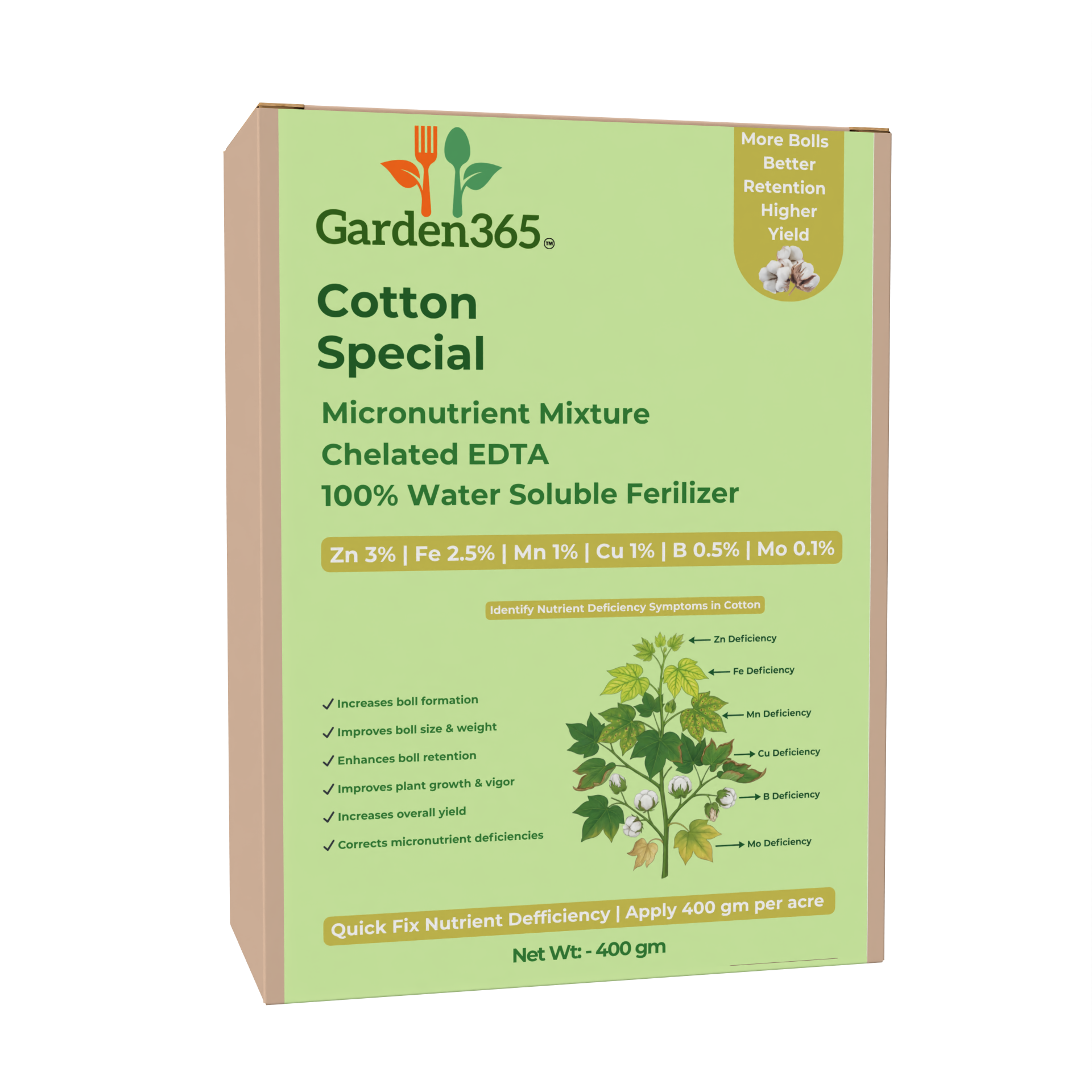 Cotton Special Micronutrient Fertilizer  (कपास | ಹತ್ತಿ | పత్తి | பருத்தி | പരുത്തി)  EDTA Chelated 100% Water Soluble Fertilizer – 400g per Acre