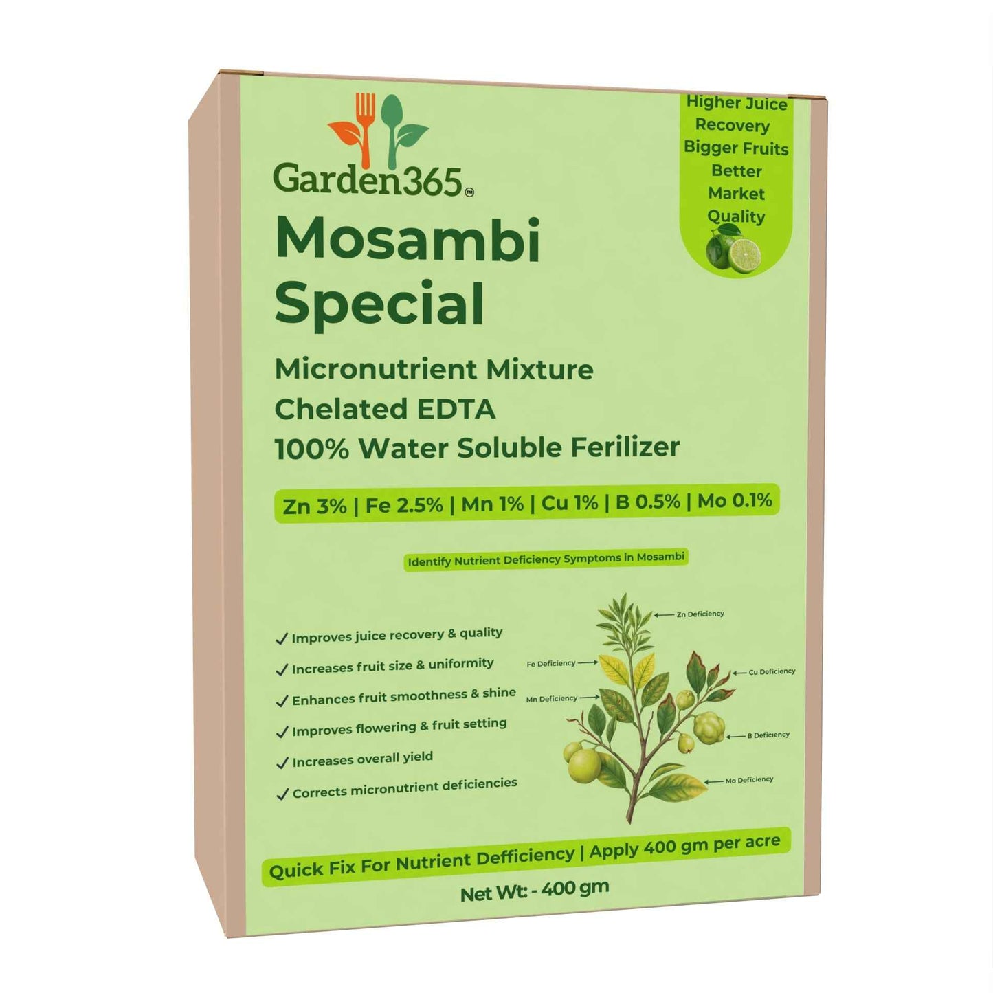 Mosambi Special Micronutrient Fertilizer  (मौसंबी | ಮೊಸಂಬಿ | మోసంబి | மொசம்பி | മുസമ്പി)  EDTA Chelated 100% Water Soluble Fertilizer – 400g per Acre