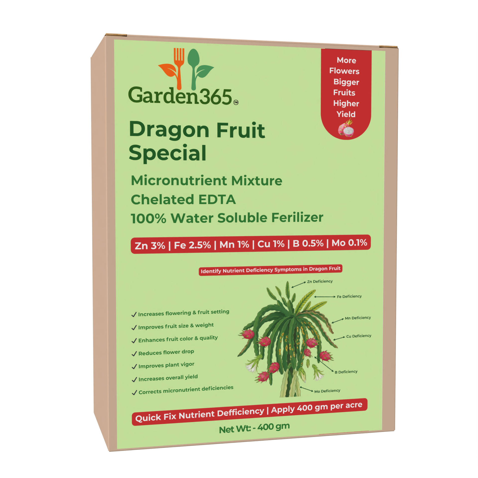 Dragon Fruit Special Micronutrient Fertilizer  (ड्रैगन फ्रूट | ಡ್ರ್ಯಾಗನ್ ಹಣ್ಣು | డ్రాగన్ ఫ్రూట్ | டிராகன் பழம் | ഡ്രാഗൺ ഫ്രൂട്ട്)  EDTA Chelated 100% Water Soluble Fertilizer – 400g per Acre