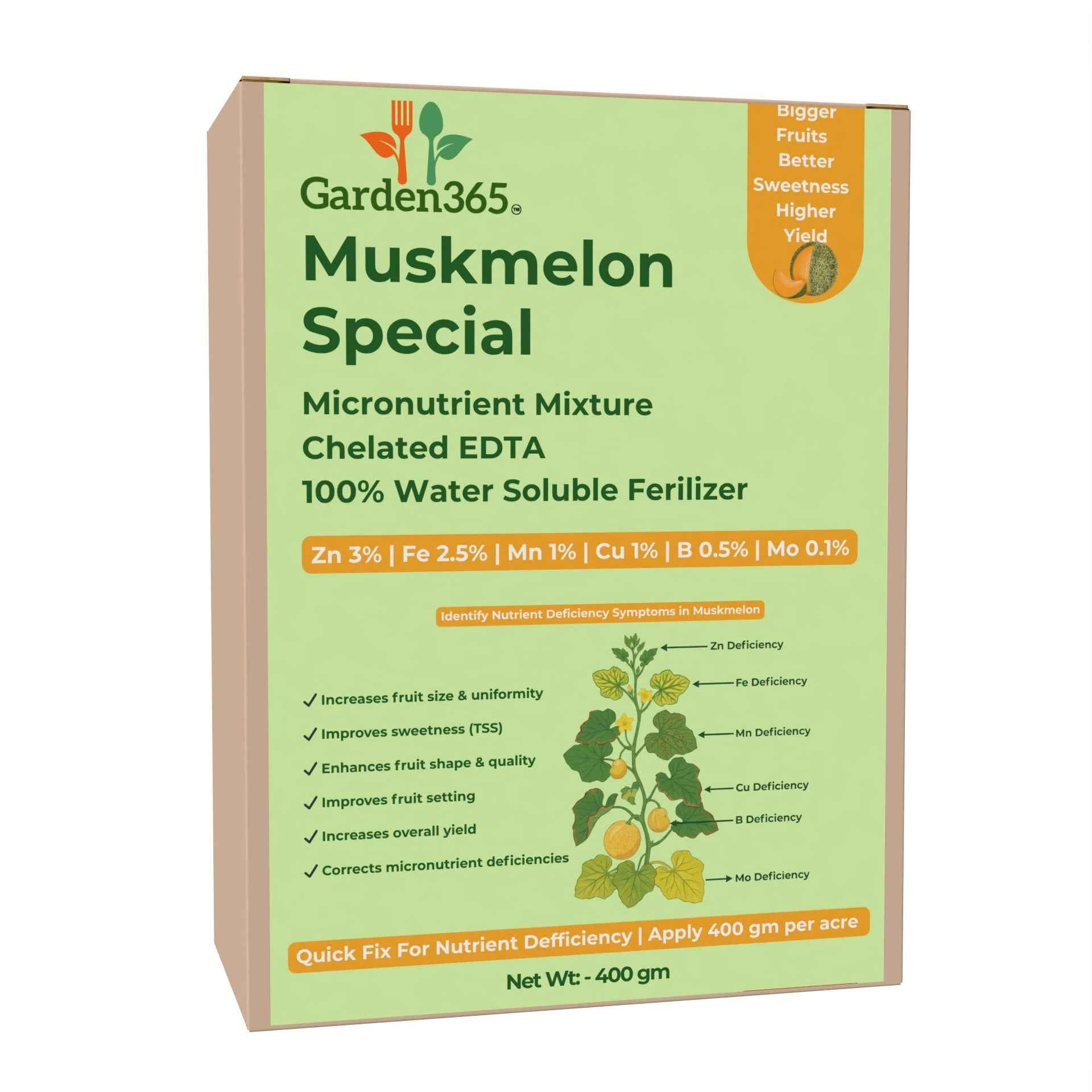 Muskmelon Special Micronutrient Fertilizer  (खरबूजा | ಕರ್ಬೂಜ | ఖర్బూజ | முலாம்பழம் | മുലാംപഴം)  EDTA Chelated 100% Water Soluble Fertilizer – 400g per Acre