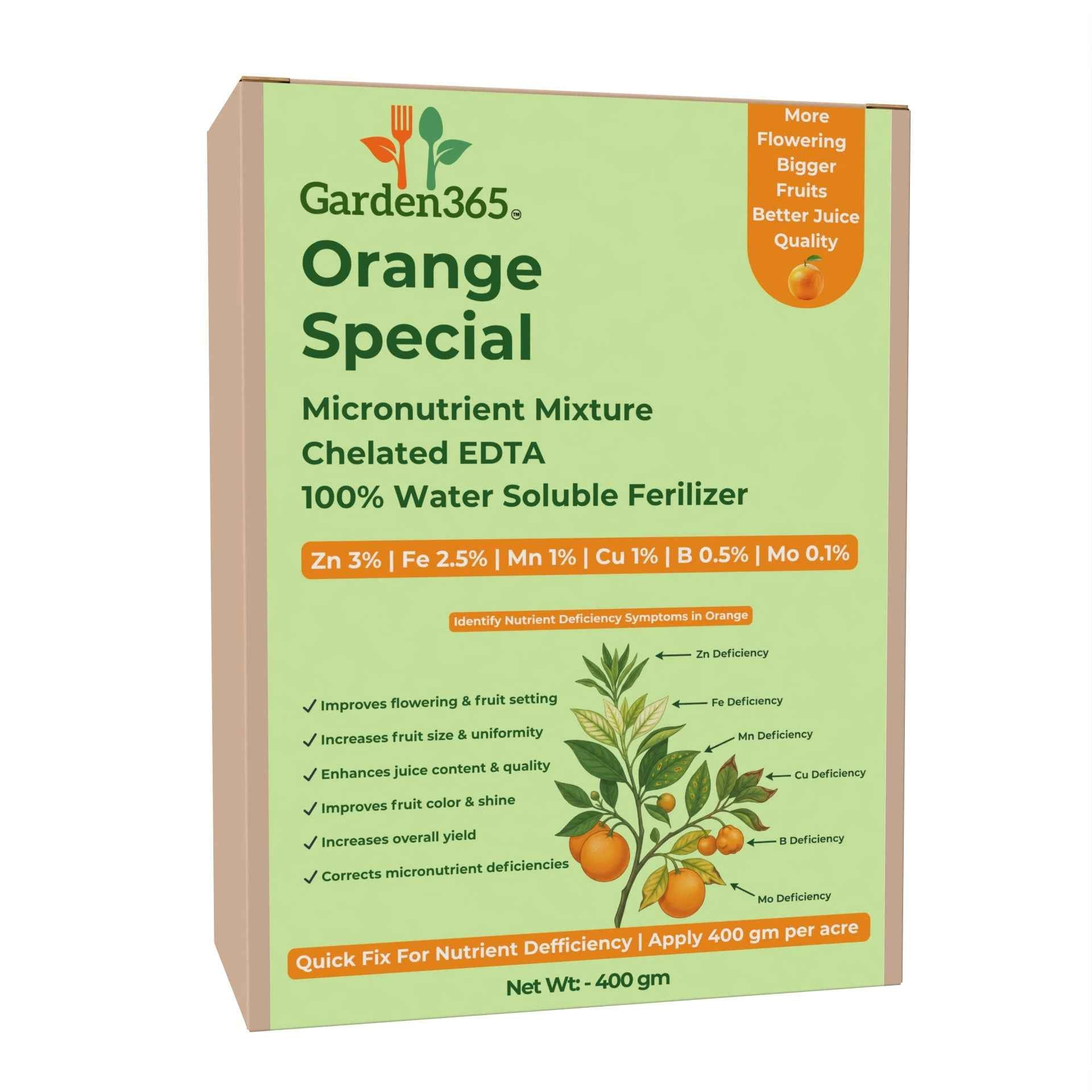 Orange Special Micronutrient Fertilizer  (संतरा | ಕಿತ್ತಳೆ | కమలా పండు | ஆரஞ்சு | ഓറഞ്ച്)  EDTA Chelated 100% Water Soluble Fertilizer – 400g per Acre