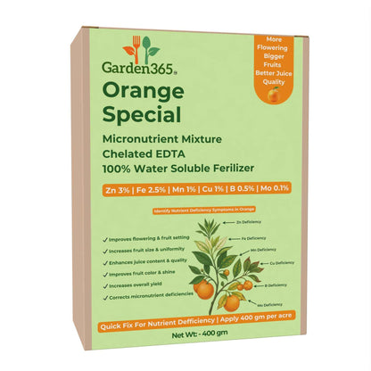 Orange Special Micronutrient Fertilizer  (संतरा | ಕಿತ್ತಳೆ | కమలా పండు | ஆரஞ்சு | ഓറഞ്ച്)  EDTA Chelated 100% Water Soluble Fertilizer – 400g per Acre