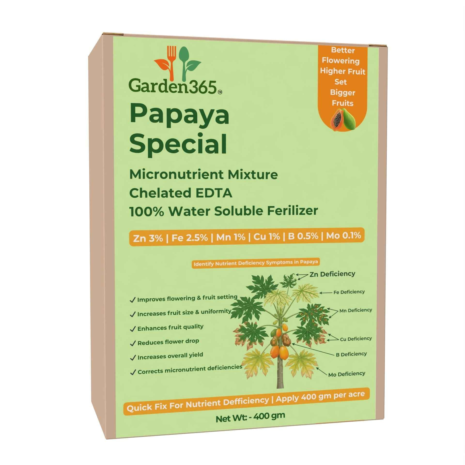 Papaya Special Micronutrient Fertilizer  (पपीता | ಪಪ್ಪಾಯಿ | బొప్పాయి | பப்பாளி | പപ്പായ)  EDTA Chelated 100% Water Soluble Fertilizer – 400g per Acre